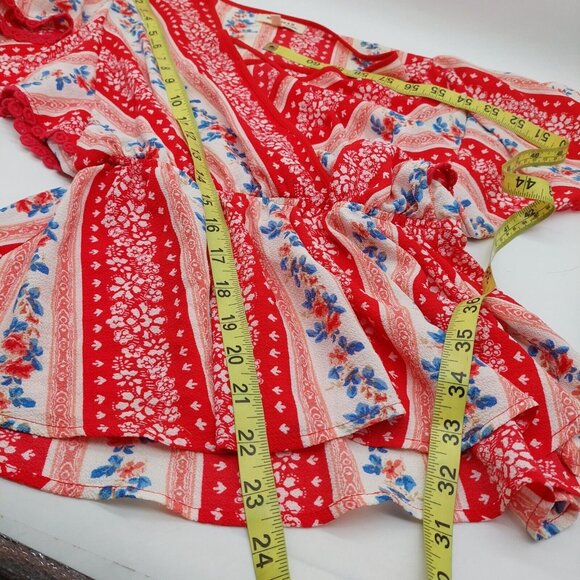 Monteau Blouse Red White Blue Flutter Dolman Sleeve Surplice Peplum Size Medium - Picture 7 of 7